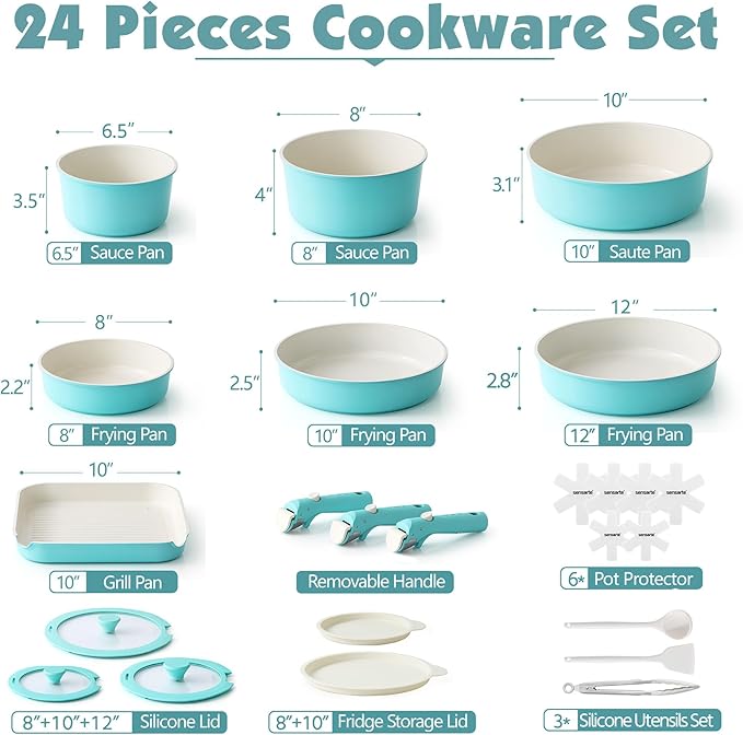 SENSARTE 24 Piece Ceramic Pots and Pans Set, Nonstick Detachable Handle Cookware, Induction Cookware Set with Removable Handle, Healthy Non Stick for RV, Dishwasher＆Oven Safe, PFOA Free (Turquoise)