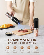 Sangcon Gravity Electric Salt and Pepper Grinder Set with Dust Cover, XL CAPACITY, Battery Operated(4 AAA), Adjustable Coarseness, One Hand Automatic Salt and Pepper Shakers Set Mill with LED Light