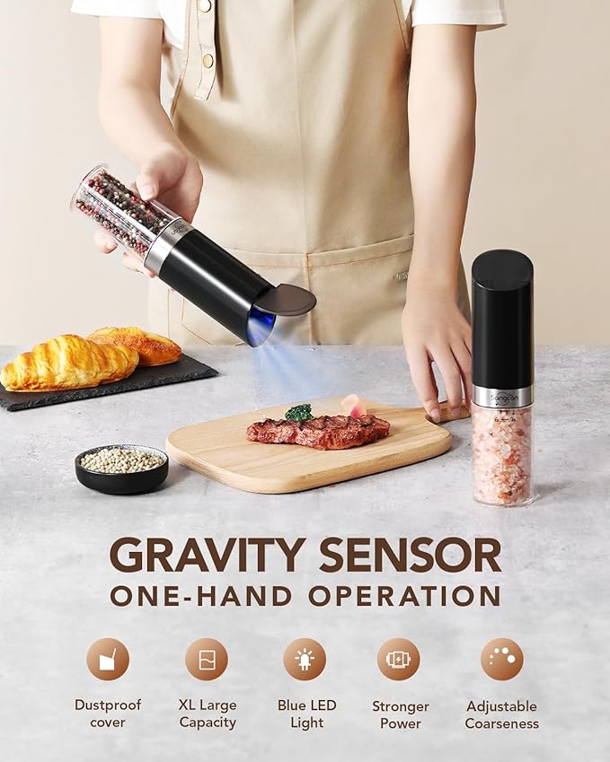 Sangcon Gravity Electric Salt and Pepper Grinder Set with Dust Cover, XL CAPACITY, Battery Operated(4 AAA), Adjustable Coarseness, One Hand Automatic Salt and Pepper Shakers Set Mill with LED Light