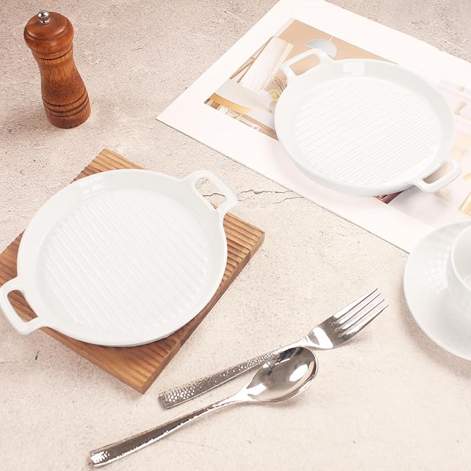 Round 7.4 Inch Au Gratin Baking Dishes, Set of 2, Porcelain Baking pan Oven Safe, Roasting Lasagna Pans, for Casserole Dish, Pie Plate, Baking, Small Plates, Au Gratin Baking Dishes