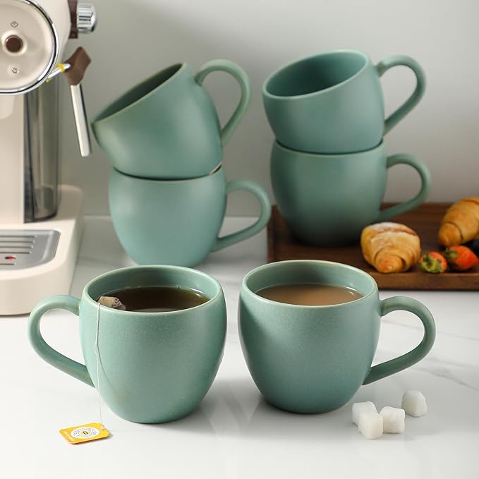 16 oz Coffee Mugs Set of 6, Stoneware Coffee Mugs with Large Handle, Ceramic Coffee Cups for Coffee, Milk, Tea, Cereal, Microwave Safe Mugs for Birthday Christmas Gfit, Turquoise