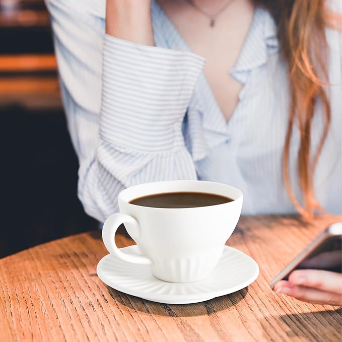 4 oz White Espresso Cups Set of 2, Ceramic Cappuccino Cups with Saucers, Durable Porcelain Tea Set & Modern Coffee Cup Collection, Coffee Lover Gifts