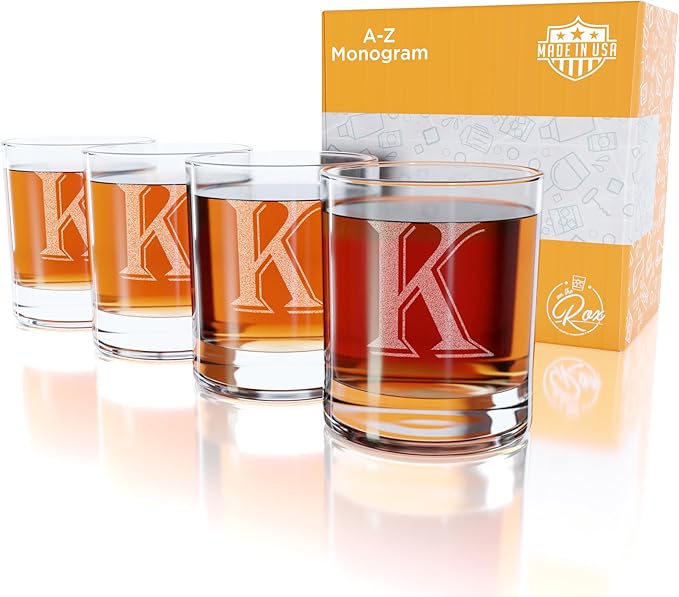On The Rox Drinks (K-Monogram)- 4 Piece Set of 11 Ounce Engraved Heavy Base Rocks Whiskey Glasses Elegant Glass-Bourbon Multi-Purpose Beverage-Rocks Glass- Gift for any Occasion