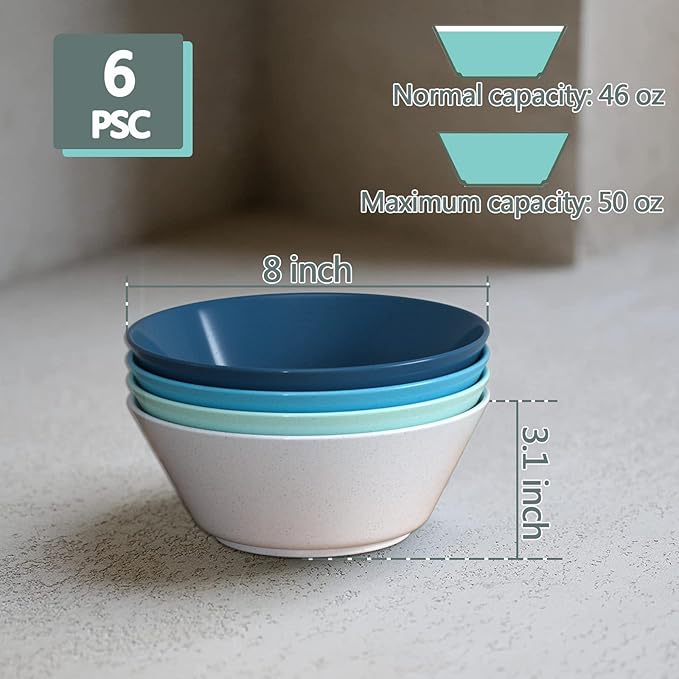 Homestockplus 50 Oz Large Cereal Bowls, Unbreakable Salad Bowl Set of 6, Sturdy and Stackable Serving Bowls, Microwave Dishwasher Safe Color Bowls Set for Oatmeal, Soup, Ramen, Salad, Snack -6 Colors