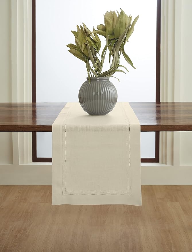 Solino Home Linen Ivory Table Runner 36 Inches - Double Hemstitch, 100% Pure Linen Coffee Table Runner 14 x 36 Inch Ideal for Dresser Tables - Summer, Fall, Autumn, Halloween
