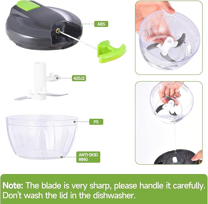 Manual Food Processor Vegetable Chopper, Portable Hand Pull String Garlic Mincer Onion Cutter for Veggies, Ginger, Fruits, Nuts, Herbs, etc., 500ml,（Gray-green）