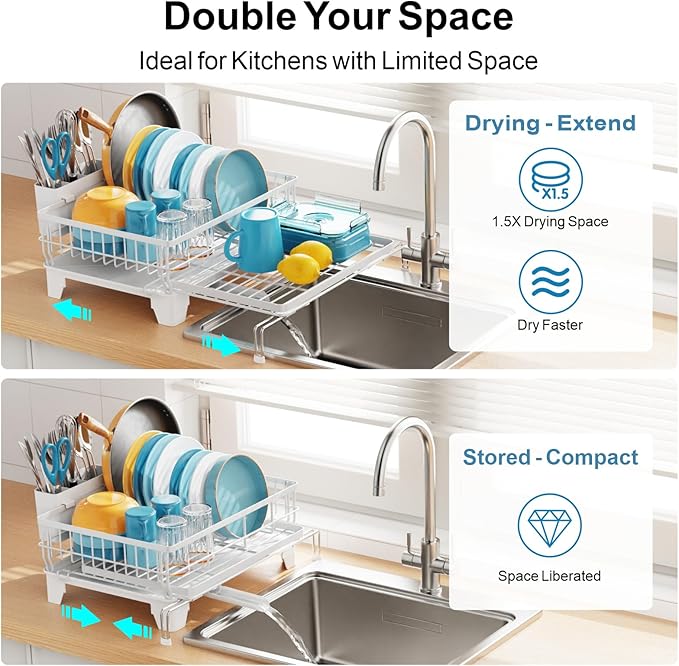 GSlife Extendable Dish Drying Rack - Large 2-in-1 Dish Racks for Kitchen Counter and Over Sink, Anti-Rust Dish Drainer with Drainboard, 2 Pan Slots and Utensil Holder, White
