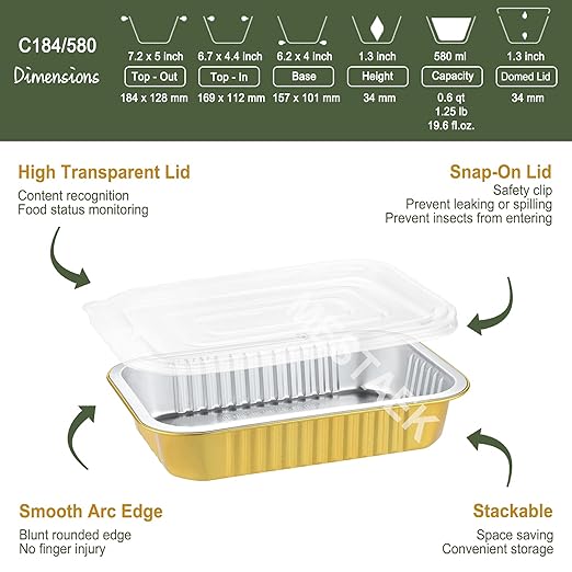 7"x5" Sturdy Foil Pans + Snap-On Lids (5 Pack) | 2X Thicker Heavy Duty Reusable 20oz | Grill Oven Microwavable Multi-Use Pot| Disposable Aluminum Tin for Baking Cooking