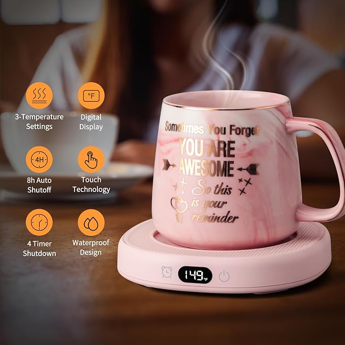 Coffee Mug Warmer & You are Awesome Mug Set, Electric Cup Warmer for Desk, Beverage Warmer with 3 Temperature Setting, 8-Hours Auto Shut Off