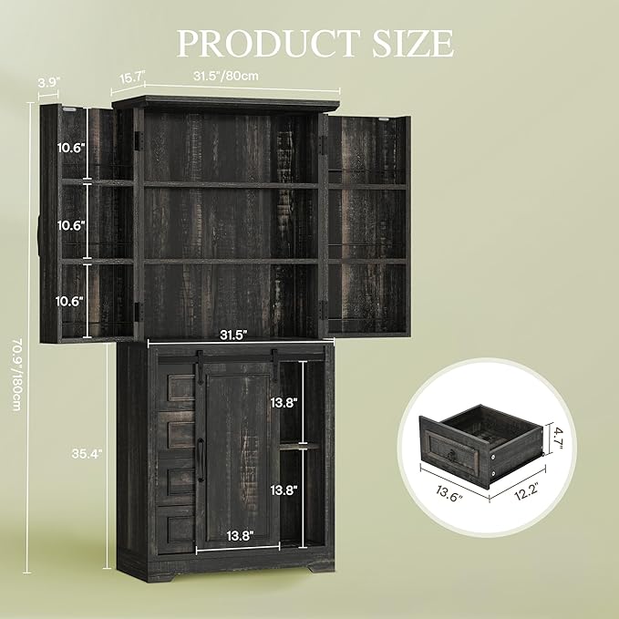 DWVO Kitchen Pantry Storage Cabinet with Barn Door, Tall Storage Cabinet with 4 Drawers and Adjustable Shelves, Versatile Storage for Living Room, Dining Room or Hallway, Drak Oak