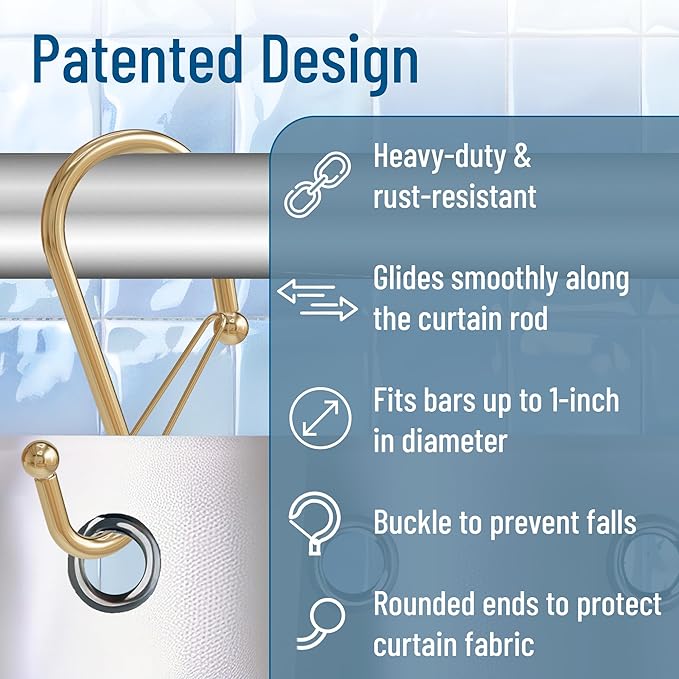 12 Decorative Metal Shower Curtain Hooks, S-Shaped Hooks with Anti-Fall System, Rust-Proof Shower Rings with Safety Buckle, Fits Rods Up to 1-Inch Diameter (S, Gold)