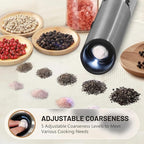 Gravity Electric Salt and Pepper Grinder Set, USB Rechargeable Stainless Steel Mills with Large Capacity Tall Glass, LED Light, Adjustable Coarseness, Ideal for Kitchen and Dining(2PCS)