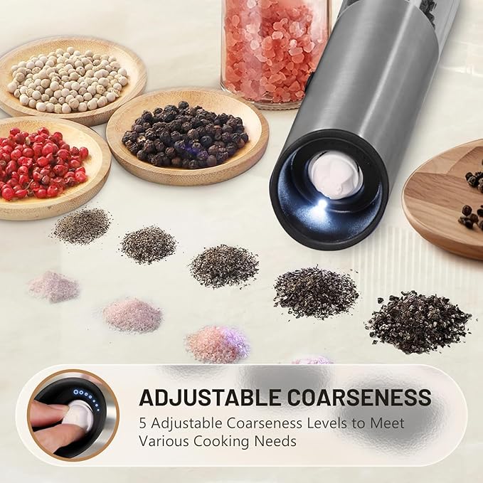 Gravity Electric Salt and Pepper Grinder Set, USB Rechargeable Stainless Steel Mills with Large Capacity Tall Glass, LED Light, Adjustable Coarseness, Ideal for Kitchen and Dining(2PCS)