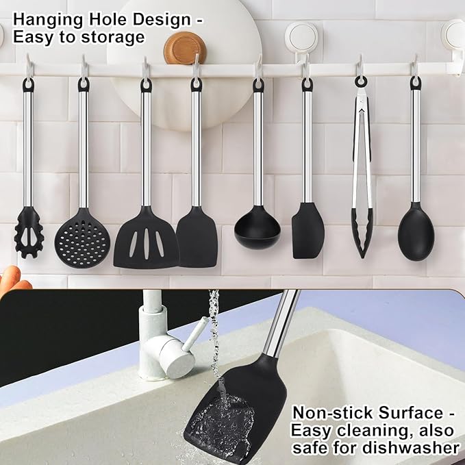 Silicone Cooking Utensils Set, Vayvnt 8 PCS Kitchen Utensils Set with Stainless Steel Handle, Heat Resistant Kitchen Tools for Nonstick Cookware, Large Spatula Spoons Turner, Dishwasher Safe, Black