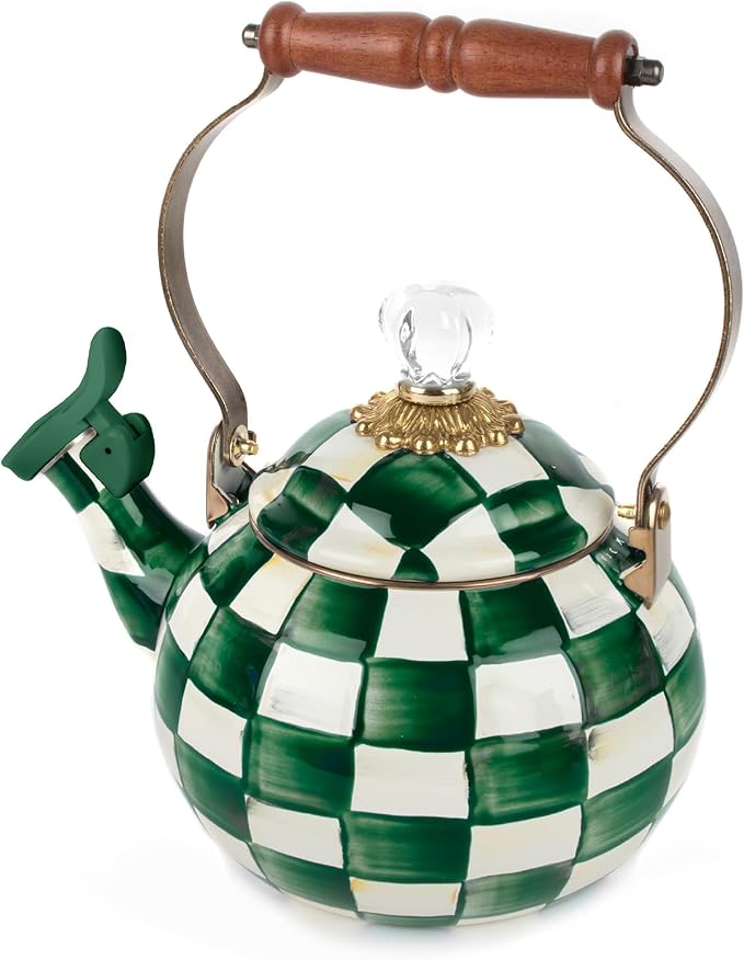 MACKENZIE-CHILDS Enamel Whistling Tea Kettle, Decorative Teapot, Green-and-White Emerald Check