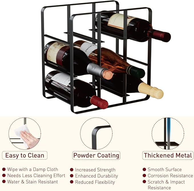 Buruis 9-Bottle Metal Wine Rack, Freestanding Holder Organizer for Red and White Wine, Kitchen Countertop, Pantry, No Assembly Required, Black