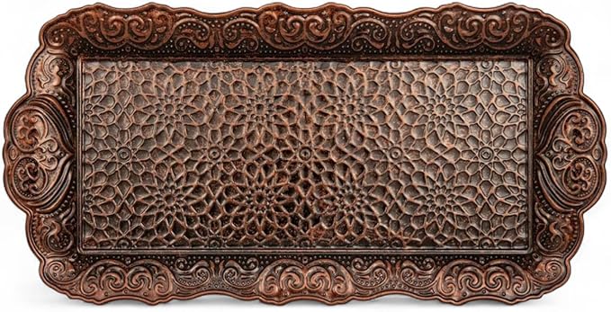 Alisveristime Small Ornate Metal Serving Tray – Ottoman Motif Decorative Tray (14.2" x 7.1", 10.8 oz) (Brown)