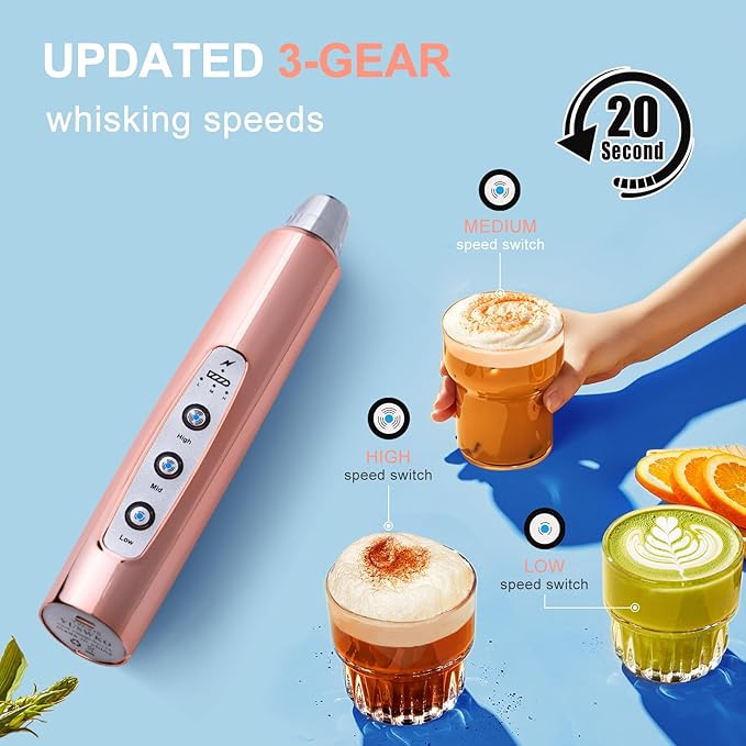 YUSWKO Rose Gold Handheld Milk Frother Wand for Coffee, Rechargeable Electric Whisk with 3 Heads 3 Speeds Drink Mixer Coffee Frother For Latte, Cappuccino, Hot Chocolate, Egg