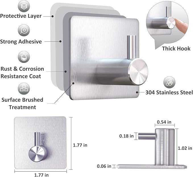 VIS'V Adhesive Towel Hooks, Waterproof Shower Wall Stick on Hooks, 2 Extra Adhesive Strips, Silver, 4 Pcs