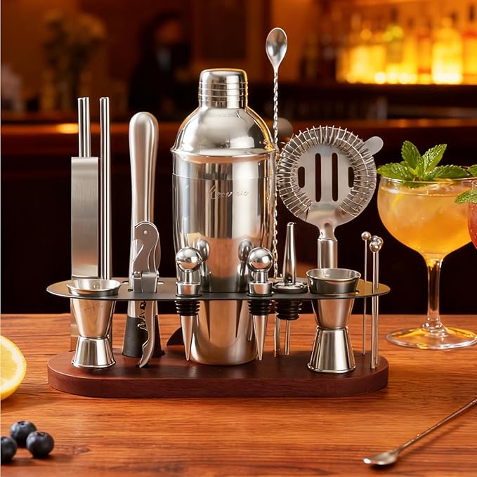 Cocktail Shaker Set Bartender Kit with Stand | 23-Piece Bar Set Drink Mixer Set with All Essential Bar Tools: Martini Shaker, Jigger, Strainer, Spoon, Muddler, Pourers, for Home, Bar, Party