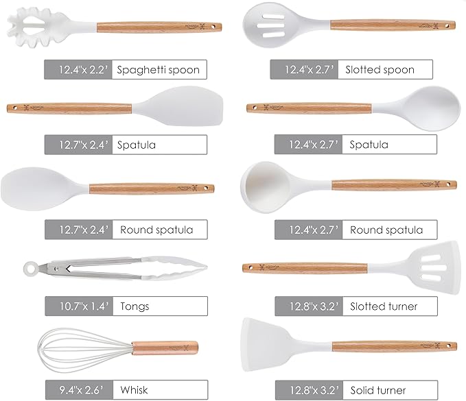 Silicone Cooking Utensils Set, MONGSEW Heat Resistant Kitchen Utensils for Cooking with Wooden Handle, Spatula Turner Spoon Tongs Whisk (WHITE, Smile Dog Pattern)