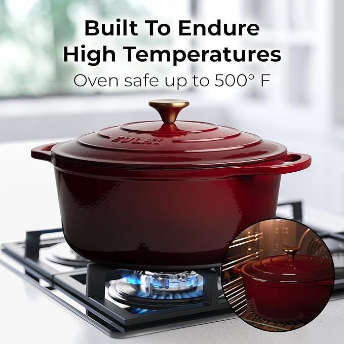Zulay Kitchen 6 Quart Enameled Cast Iron Dutch Oven with Lid, Silicone Trivet & Heat Pad – Premium Durability & Oven Safe up to 500°F – Heavy Duty Cookware Perfect for Bread Baking, Stews, Braising & Roasting – Garnet