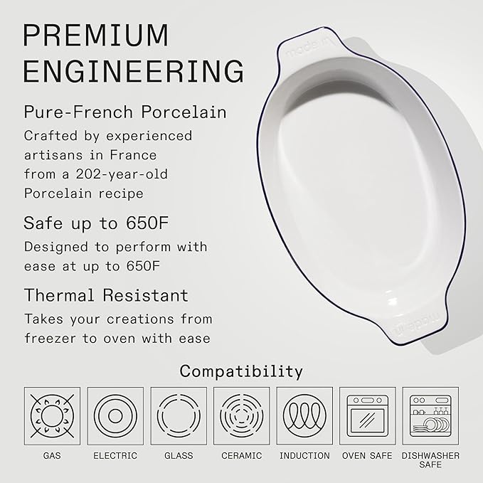 Made In Cookware - Oval Baking Dish - Navy Rim - Hand Crafted Porcelain - Professional Bakeware - Made in France