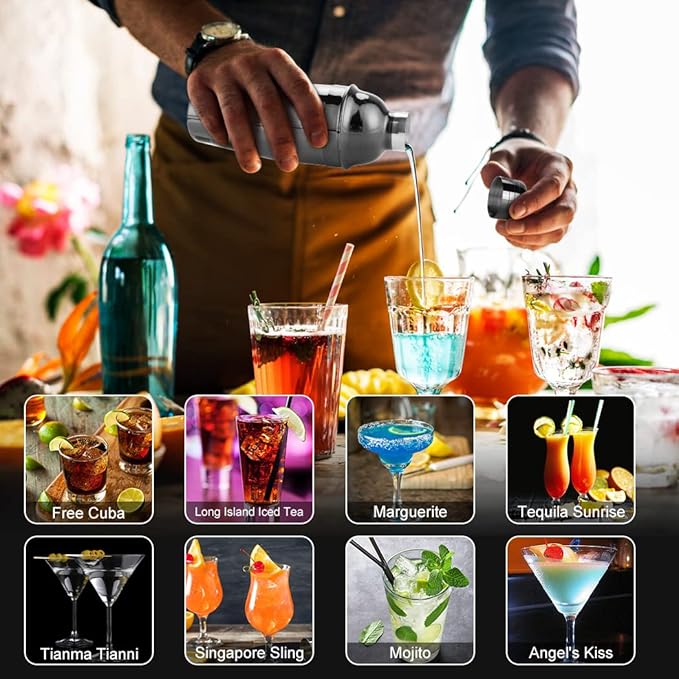 23 Piece Cocktail Shaker Set Bartender Kit with Acrylic Stand & Cocktail Recipes Booklet, Professional Bar Tools for Drink Mixing, Home, Bar, Party (Include 4 Whiskey Stones) - Black