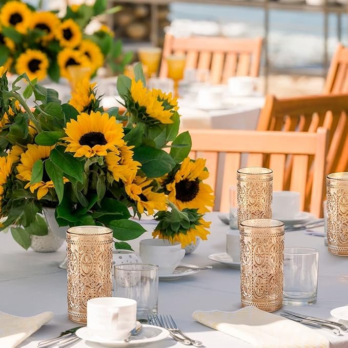 Amber Glassware set of 4 Vintage Drinking Glasses, 12oz Amber Heavy Duty Glass Cups, Old Fashioned Glass, Highball Glasses Set for Party Wedding Home Office Glassesware Gift