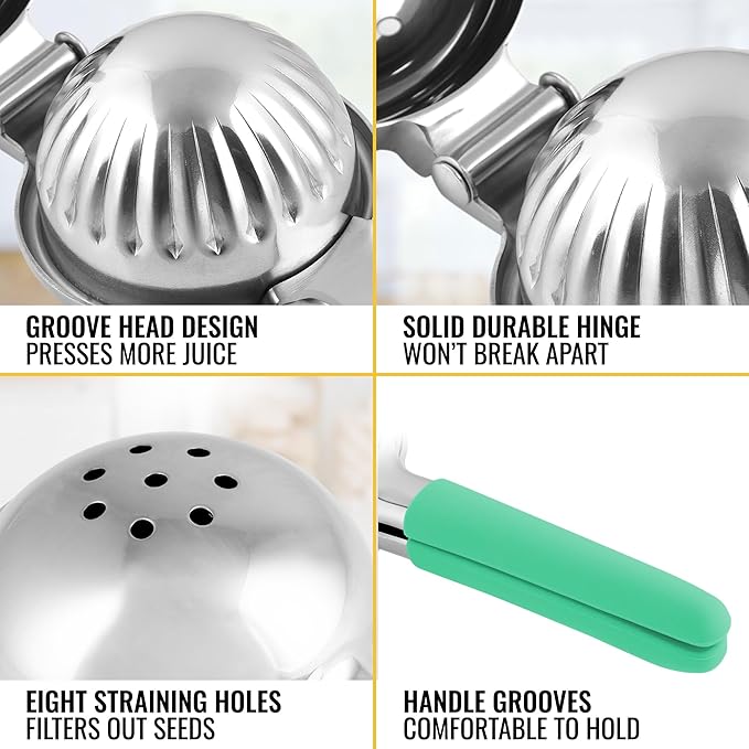 Zulay Lemon Squeezer Stainless Steel with Premium Heavy Duty Solid Metal Squeezer Bowl and Food Grade Silicone Handles - Large Manual Citrus Press Juicer and Lime Squeezer Stainless Steel (Mint)