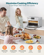 28QT Air Fryer Toaster Oven Combo, Large 12-in-1 Convection Countertop Oven with Next-Gen HeatWave Convection, 3-Layer Cooking, Rotisserie for Chicken, Fits 11" Pizza, Full Accessorie, Stainless Steel