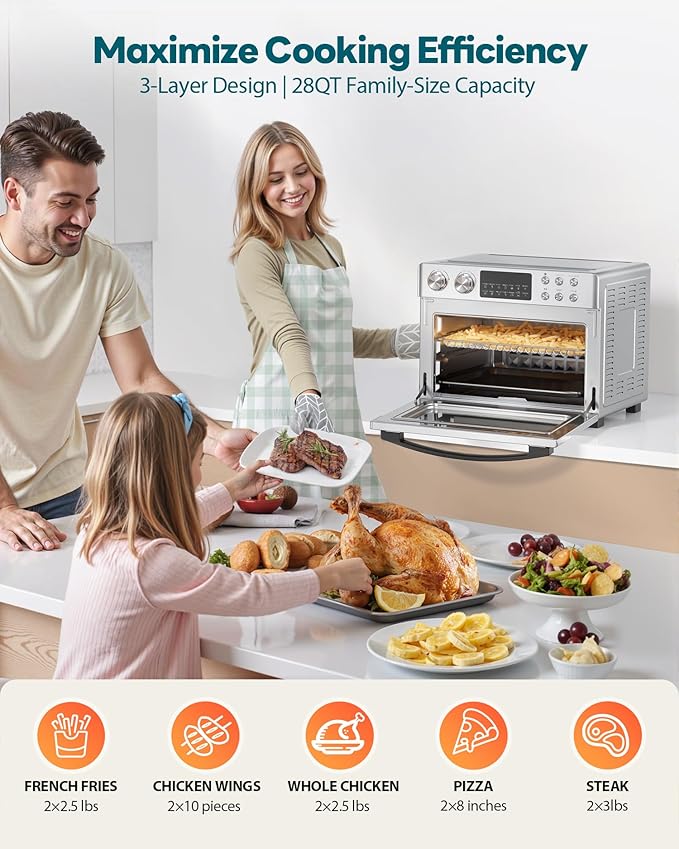 28QT Air Fryer Toaster Oven Combo, Large 12-in-1 Convection Countertop Oven with Next-Gen HeatWave Convection, 3-Layer Cooking, Rotisserie for Chicken, Fits 11" Pizza, Full Accessorie, Stainless Steel