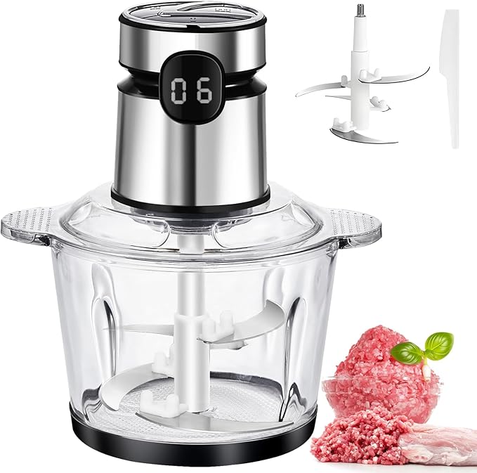 Electric Food Processor, 500W Vegetable Chopper Meat Grinder with 8cups/2L Glass Bowl ＆ Timer, Electric Garlic Chopper Veggie Cutter with 3 Speeds＆4 Blades, Kitchen Blender Mixer for Pet＆Baby Foods