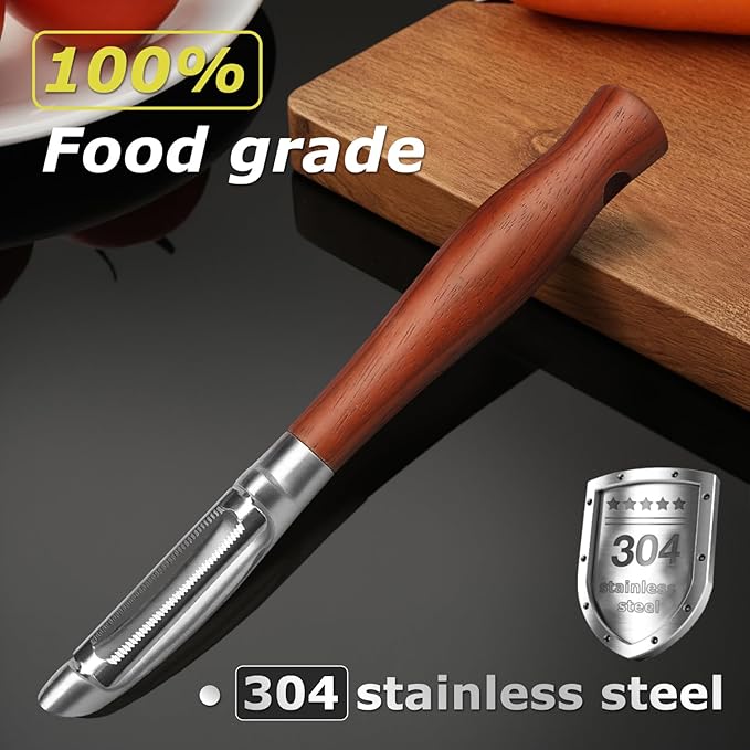 Peeler, Japanese Stainless Steel Blade with Non-Slip Real Wood Handle, Ultra Sharp Potato Peeler for Kitchen, Apple, Cucumber & Carrot I-Shaped Peeler – Serrated Blade