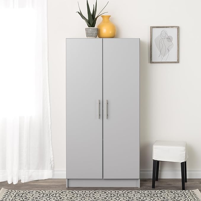 Prepac Elite Tall Garage Storage Cabinet & Pantry Storage Cupboard, 2-Door Freestanding Bathroom or Pantry Cabinet with Adjustable Shelves, 16" D x 32" W x 65" H, Light Gray