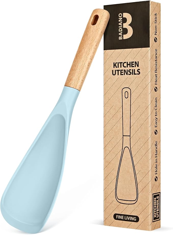 Cooking Spoon for Nonstick Cookwares, Great for Cooking and Serving Sturdy BPA-Free Matte Silicone, Wood Handle Spoon for Mixing, Scoop, and Scrape (BLUE)