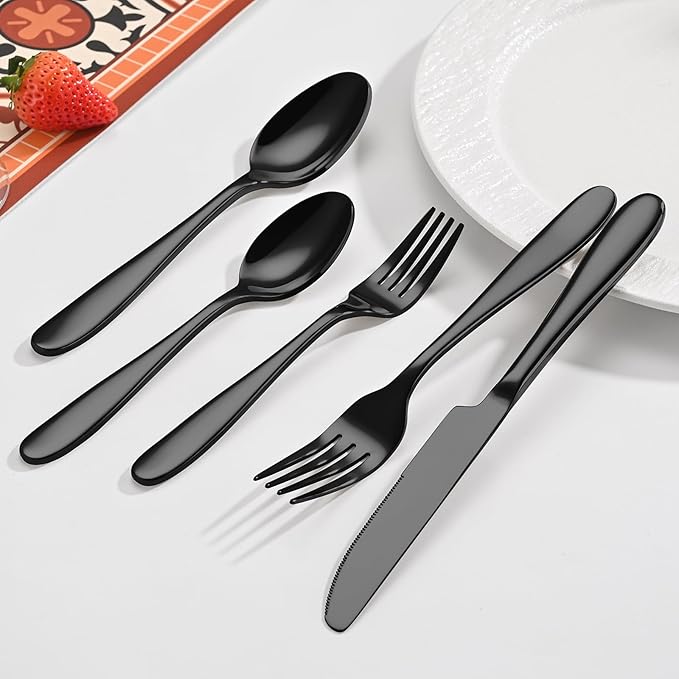 40-Piece Black Silverware Set, Flatware Set for 8, Food-Grade Stainless Steel Tableware Cutlery Set, Mirror Finished Utensil Sets for Home Restaurant, Forks Spoons and Knives Set, Dishwasher Safe