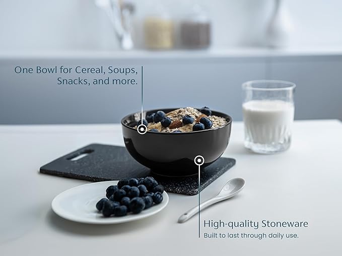 KooK Soup Bowls, Cereal Bowl, Ceramic, Bowls for Kitchen, Microwave, Dishwasher and Freezer Safe, Porcelain Dishes for Pasta, Salad, Oatmeal, Deep Interior, 20 oz, Set of 6, (Black)