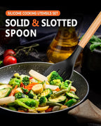 Large Silicone Cooking Spoons, 2 Pack Nonstick Solid and Slotted Wooden handle Spoon Set, Heat Resistan Silicone Kitchen Spoons for Cooking, Serving, Basting, Mixing (Black)