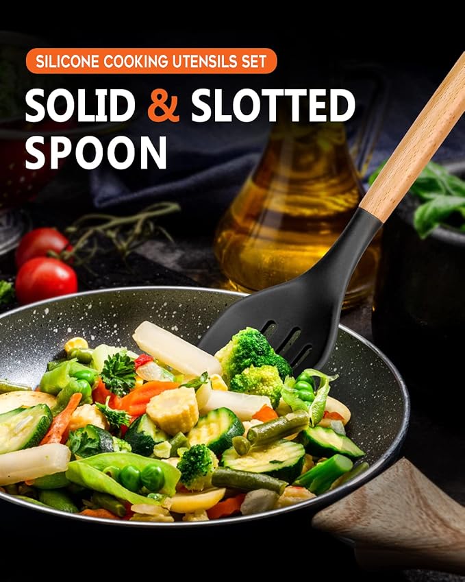 Large Silicone Cooking Spoons, 2 Pack Nonstick Solid and Slotted Wooden handle Spoon Set, Heat Resistan Silicone Kitchen Spoons for Cooking, Serving, Basting, Mixing (Black)