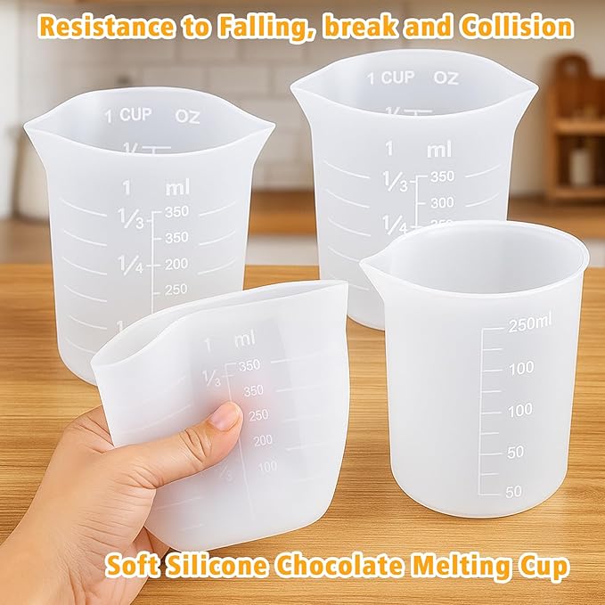 Palksky Silicone Measuring Cups for Melting Chocolate, 6PCS Chocolate Melting Cup with 250 & 350ml Capacity, Reusable Baking Supplies for DIY Chocolate Molds