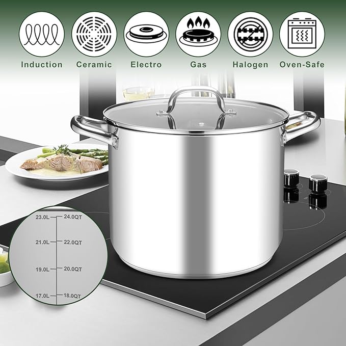 Leonyo Stainless Steel Stock Pot, 24QT Large Pot For Cooking, 18/10 Stockpot with Glass Lid for Stewing Simmering Boiling, Heavy-Duty 3-ply Bottom for All Stoves, Dishwasher Safe & Food Grade Cookware