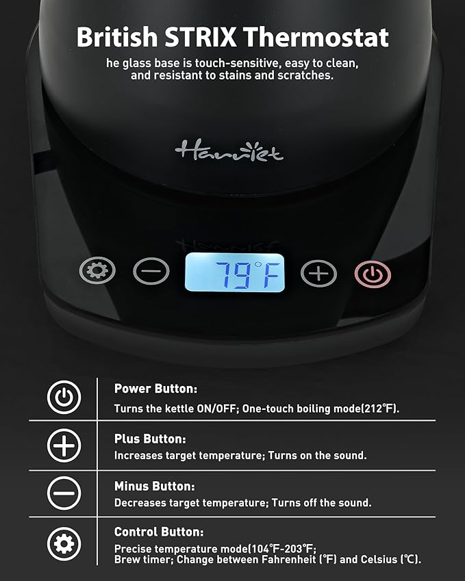 Harriet Gooseneck Electric Kettle - 1200W Fast Heat, 0.8L Stainless Steel, Precision Temp Control & Timer, Wood Handle, Pour Over Coffee and Tea, Black