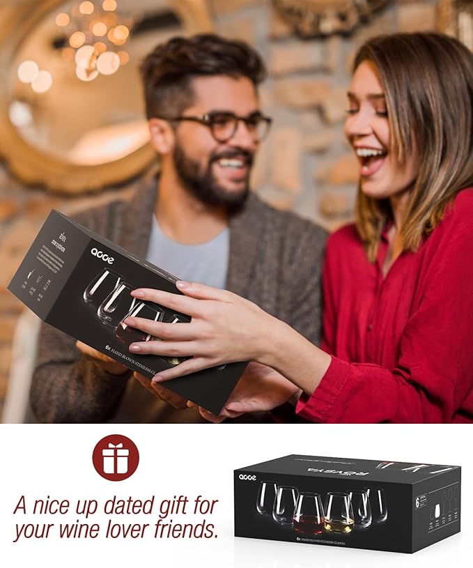 Stemless Wine Glasses Set of 6, 14.5oz Hand Blown Crystal Red White Wine Glass, Ideal for Daily Use and Special Days, Perfect Gifts for Both Men and Women