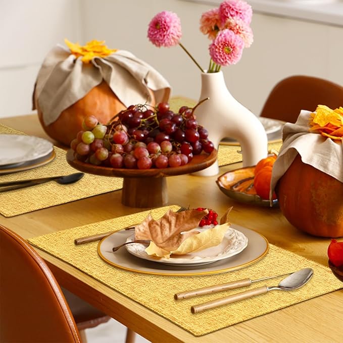 Homaxy Cloths Placemats for Dining Table Set of 8, Heat Resistant Washable Cotton Linen Blend Table Mats, Ideal for Kitchen Party Dining Decoration, 13" x 19", Mustard Yellow
