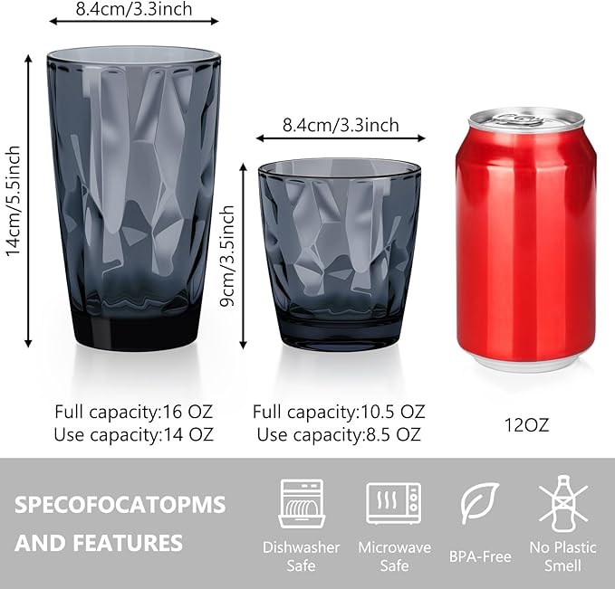 Topsky 16oz Plastic Tumblers Drinking Glasses Set of 4,Gray Acrylic Drinking Cups Wine Glasses Beverage Cups for Daily Use, Poolside, Outdoor&Indoor - Stackable,Dishwasher Safe,Easy to Clean