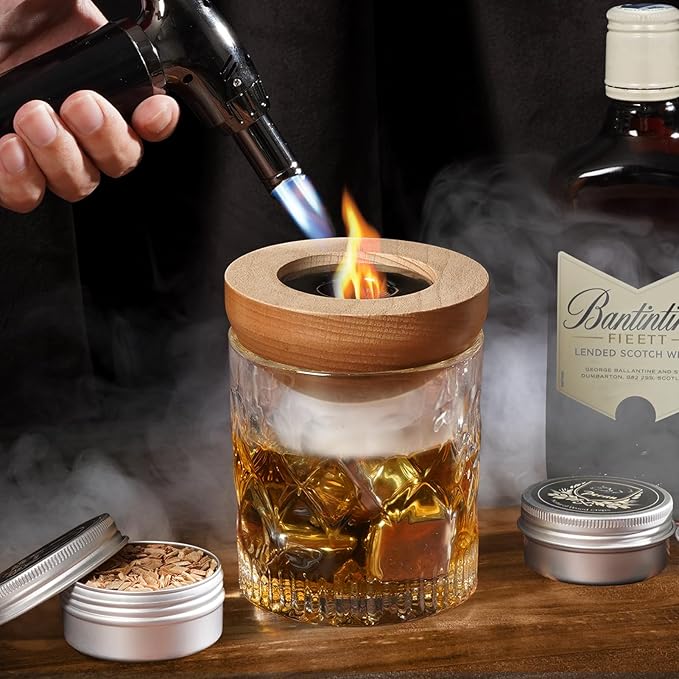 G GOOD GAIN Whiskey Smoker Kit with Torch - Old Fashioned Cocktail Smoker Infuser Kit, 6 Flavors Wood Chips, 4 Ice Stone | Birthday Bourbon Whiskey Gifts for Men, Dad, Husband (No Butane)
