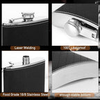 Flask For Men,350ml/12oz Hip Flask, 304 Food Grade Stainless Steel,2 Cups And Funnel Portable Gift Bbox For Whiskey Rum Groomsman Best Man Usher Wedding-Leather Rhomboid Stripe Black