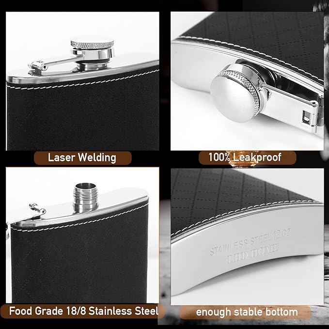 Flask For Men,350ml/12oz Hip Flask, 304 Food Grade Stainless Steel,2 Cups And Funnel Portable Gift Bbox For Whiskey Rum Groomsman Best Man Usher Wedding-Leather Rhomboid Stripe Black
