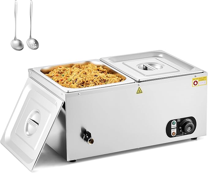 WILPREP Commercial Food Warmer with Two 1/2 Pans, 1500W Countertop Electric Steam Table, 86-185°F Adjustable Temp Control & Over-Temp Protection, Stainless Steel Buffet Bain Marie